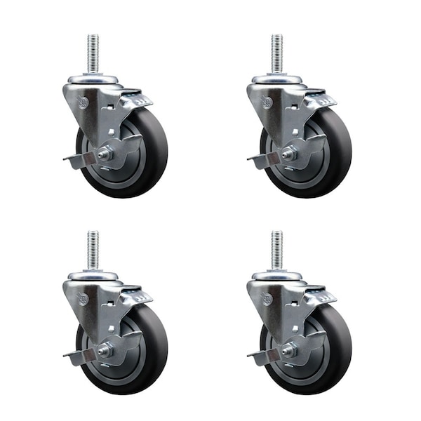 4 Inch Thermoplastic  Rubber Wheel Swivel 58 Inch Threaded Stem Caster Set with Brake SCC